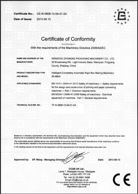 China Wenzhou Zhongke Packaging Machinery Co., Ltd. Certification